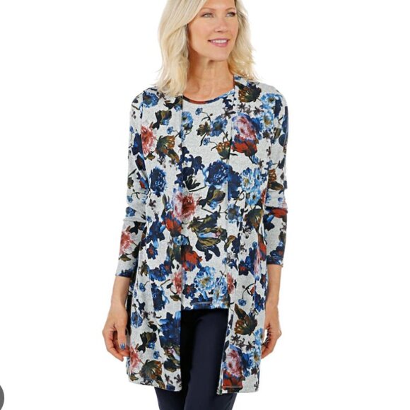 Mr Max Cardigan and Tank Set in a Rib Neck Blue/Gray Floral Open Maxi Cardigan - Picture 1 of 9
